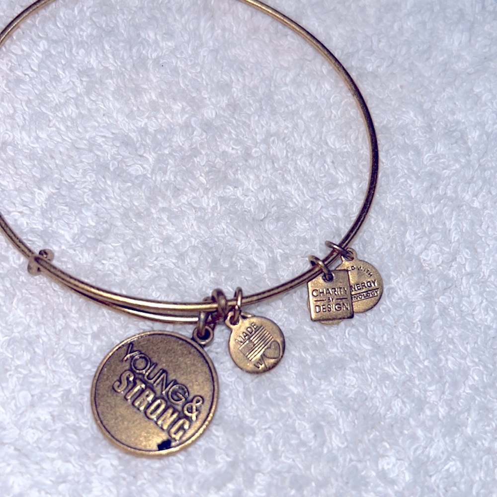 Alex and Ani gold metals adjustable bangle with I am Strong charm